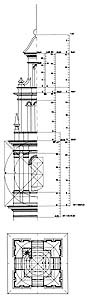 Análisis de trazado, proporción y modulación del campanario de la Misericordia de Campanar, extraído de la documentación gráfica de la Tesis Doctoral e incluido en el Libro como lámina X / Detail of the top of the bell-tower of San Valero, Ruzafa, 1736-1740